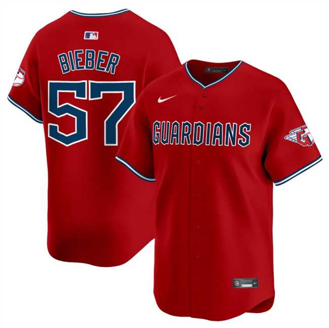 Men%27s Cleveland Guardians #57 Shane Bieber Red Alternate Limited Stitched Jersey Dzhi